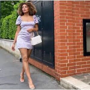 ZARA Satin Floral Print Mini Dress Purple Lavender Puff Sleeve Lace Up Size S